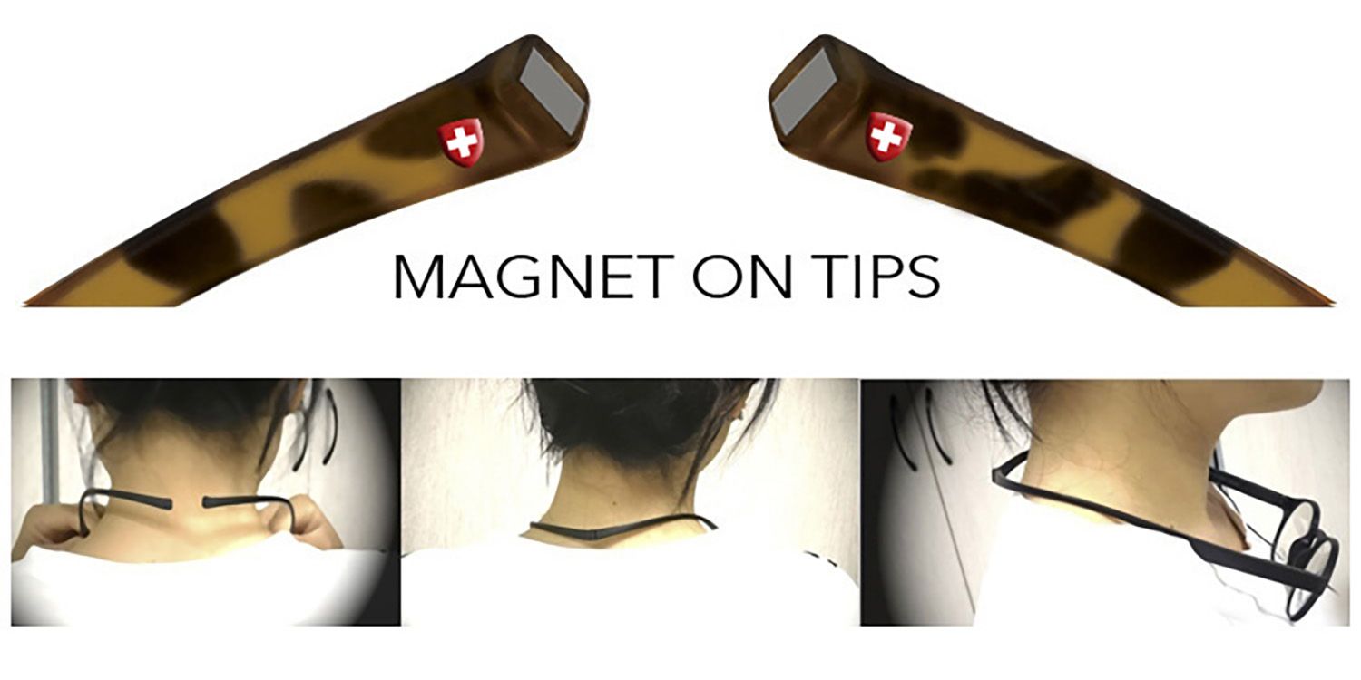 Deze leesbril blijft door de magneten aan de achterzijde altijd stevig om de nek hangen