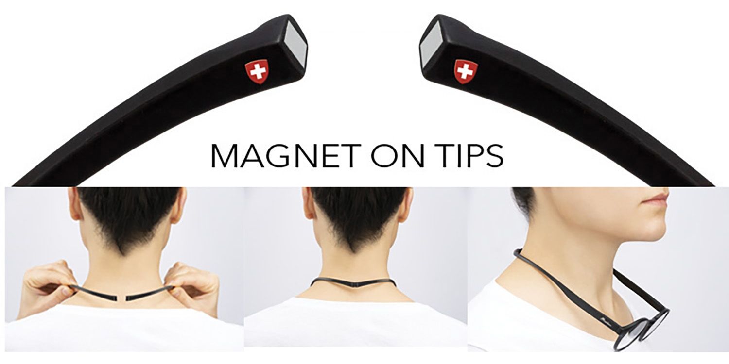 Deze leesbril blijft door de magneten aan de achterzijde altijd stevig om de nek hangen